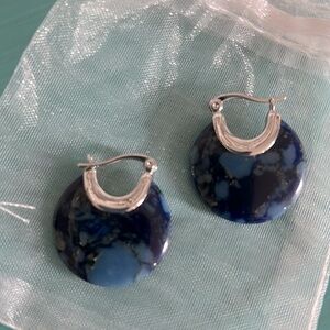 Sodalite Gemstone Artisan Crescent Disc Drop Hoop Huggie Earrings